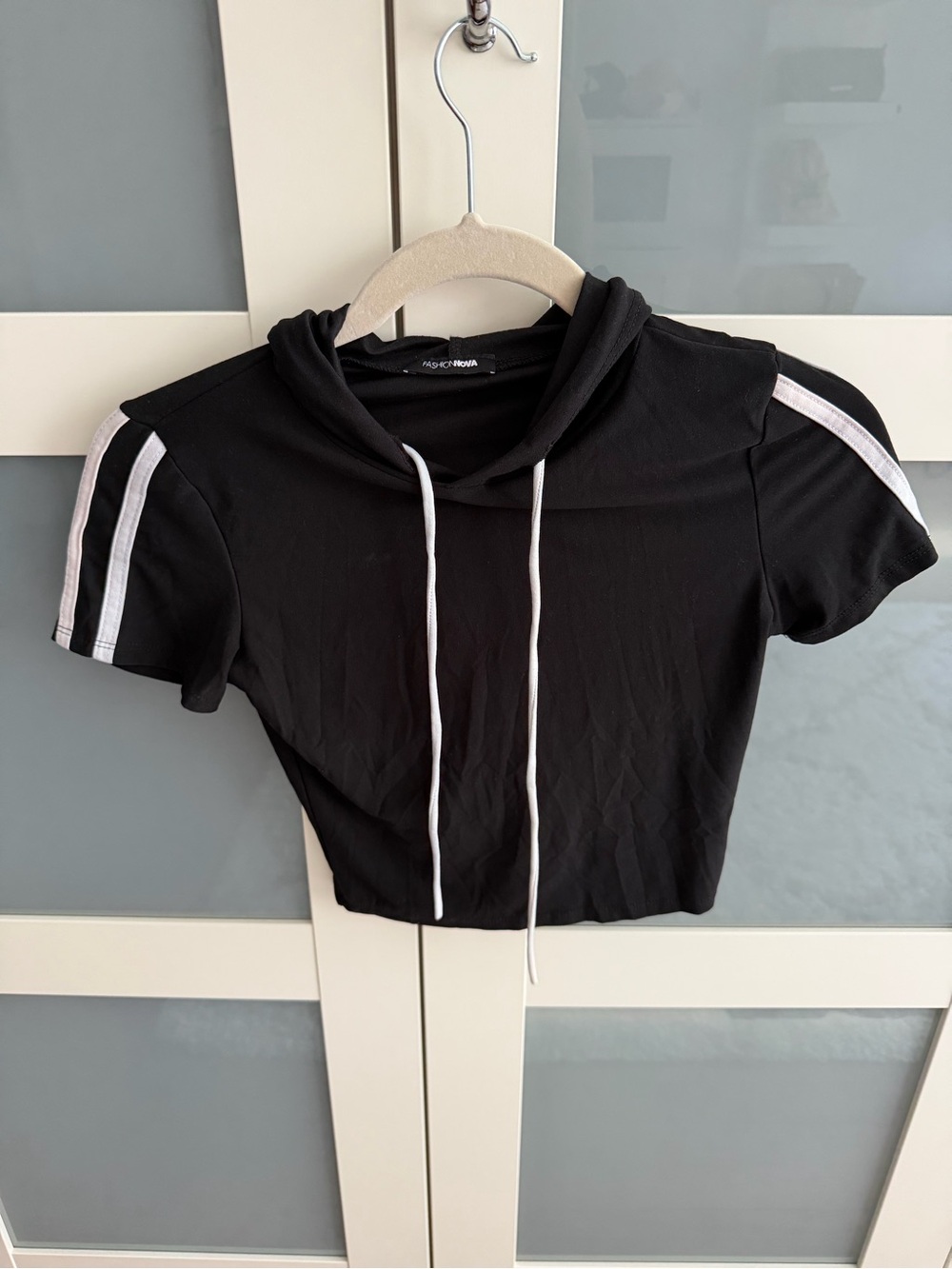 Fashion Nova Black Cropped Short Sleeve Hoodie with White Stripe Detail